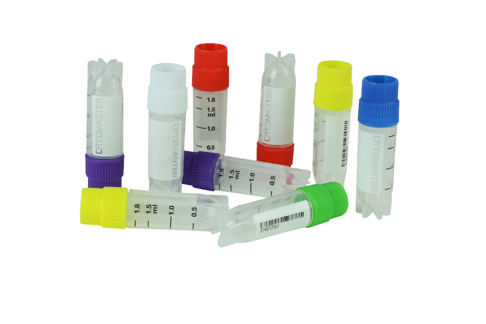 Cryomaster® Kryoröhrchen mit Aussengewinde, 2.0 ml, Standring, 1D-Barcode, gelbe - Art. Nr. 46104