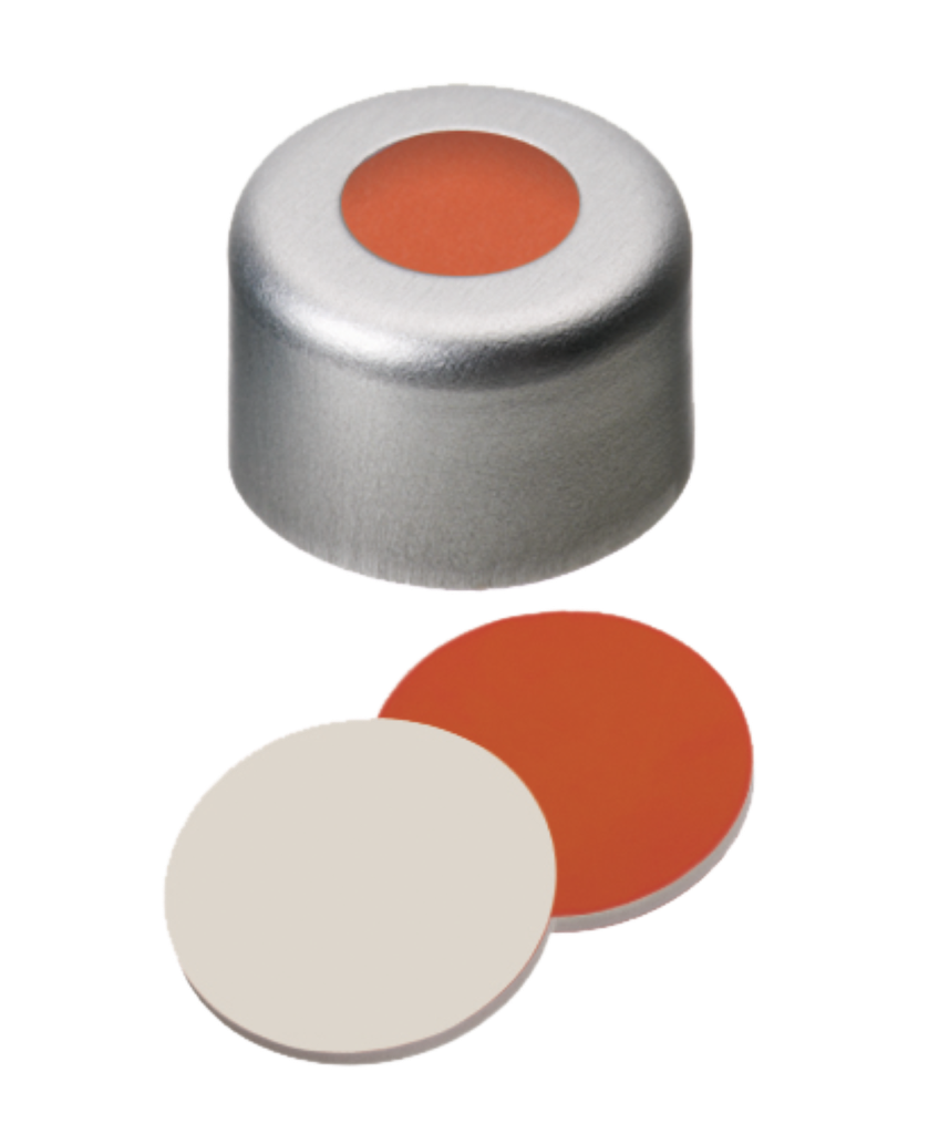 neochrom® Alu-Bördelkappen ND8 m. Loch, Red Rubber/PTFE beige, 100 St./Pack - Art. Nr. 70623