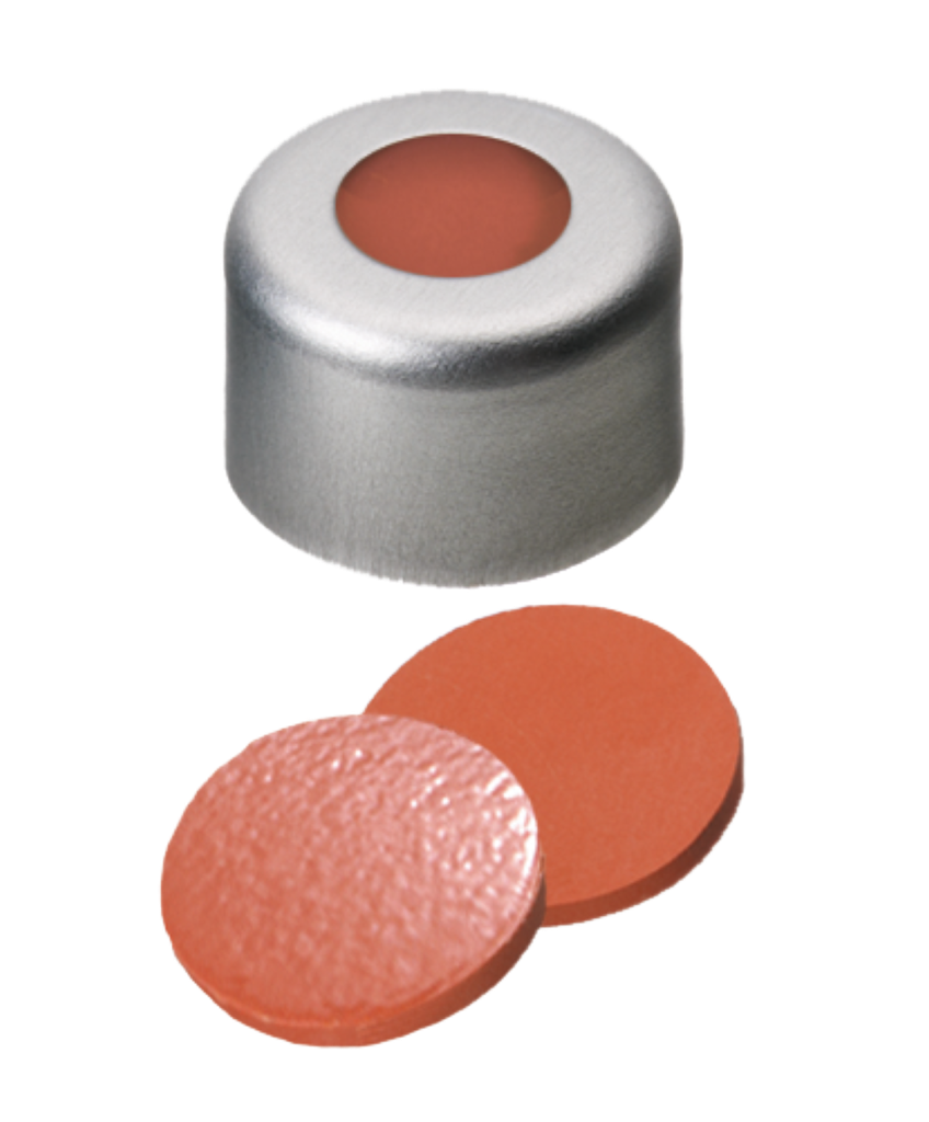 neochrom® Alu-Bördelverschluss ND8 farblos mit Loch, Naturkautschuk rot-or./TEF - Art. Nr. 70611