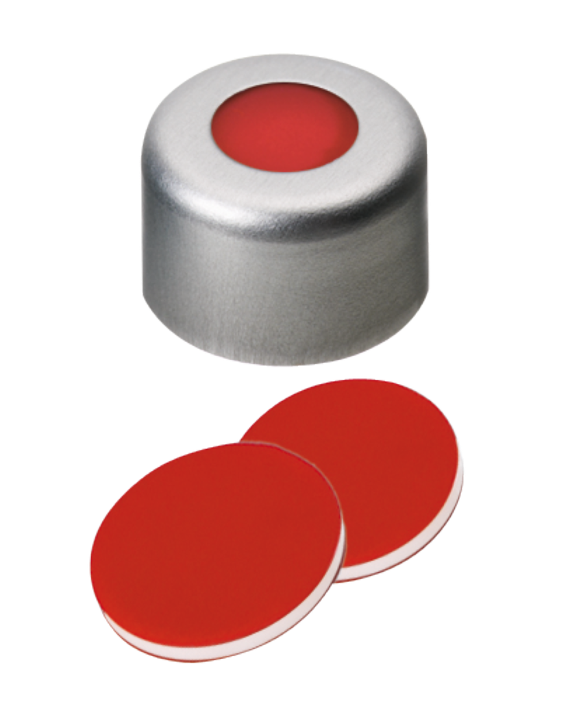 neochrom® Alu-Bördelverschluss ND8 farblos mit Loch, PTFE rot/Silik. weiss/PTFE - Art. Nr. 70613