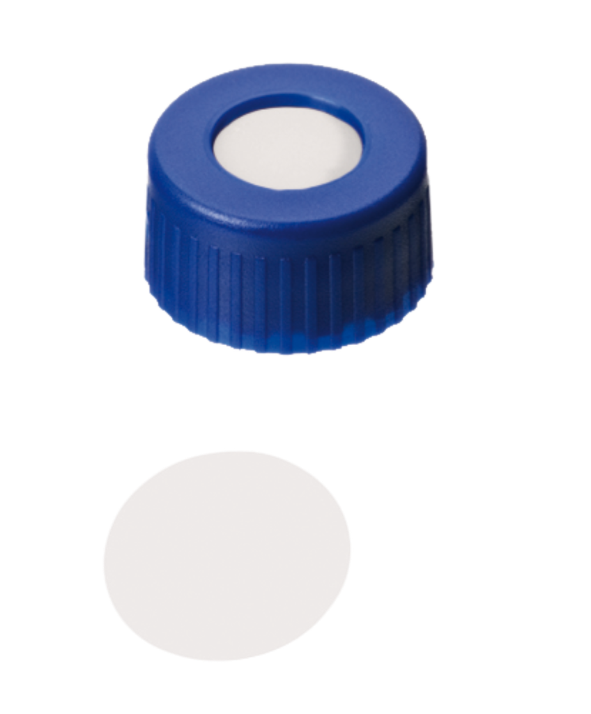 neochrom® Schraubkappe Kurzgewinde ND9, PP blau mit Loch, PTFE virginal, 100 S - Art. Nr. 70707