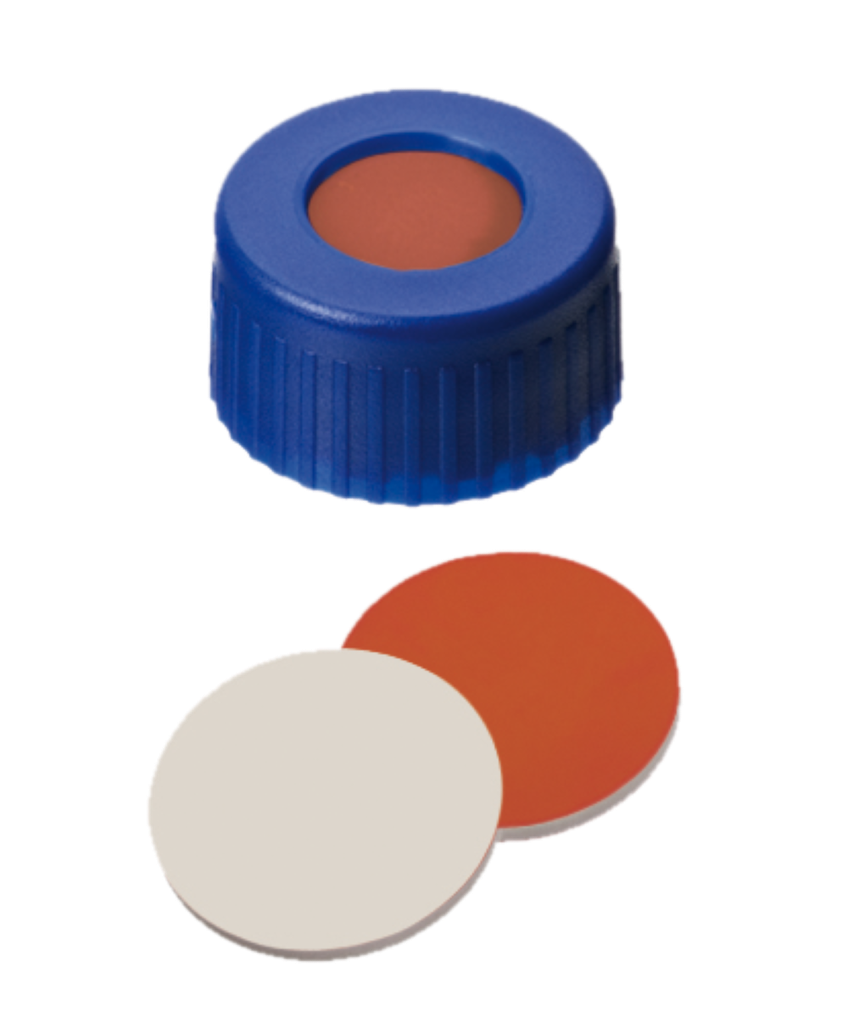 neochrom® Schraubkappe Kurzgewinde ND9, PP blau mit Loch, Red Rubber/PTFE rot A - Art. Nr. 70693