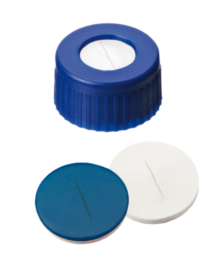 neochrom® Schraubkappe Kurzgewinde ND9, PP blau mit Loch, Silikon weiss/PTFE bla - Art. Nr. 70699