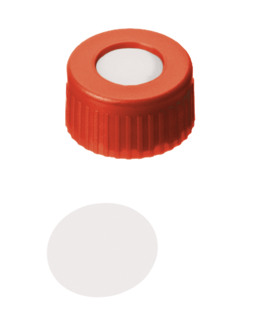 neochrom® Schraubkappe Kurzgewinde ND9, PP rot mit Loch, PTFE virginal, 100 St - Art. Nr. 70708