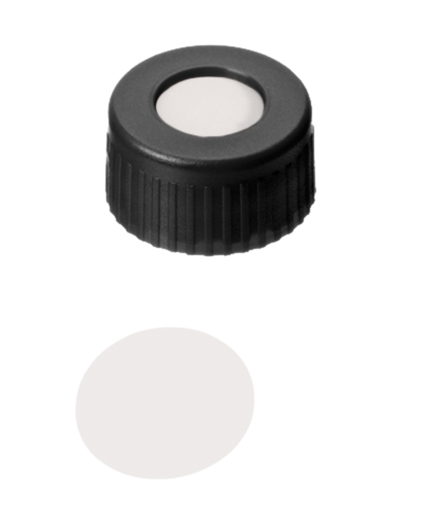 neochrom® Schraubkappe Kurzgewinde ND9, PP schwarz mit Loch, PTFE virginal, 100 - Art. Nr. 70709