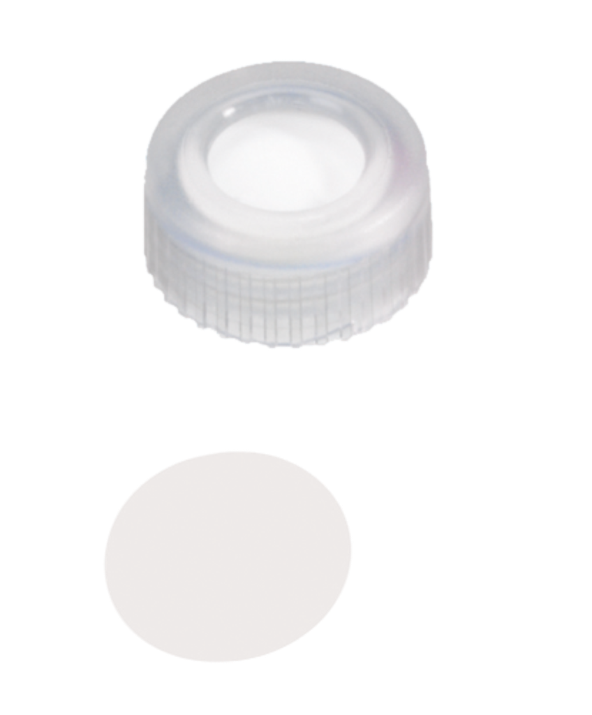 neochrom® Schraubkappe Kurzgewinde ND9, PP weiss mit Loch, PTFE virginal, 100 S - Art. Nr. 70706