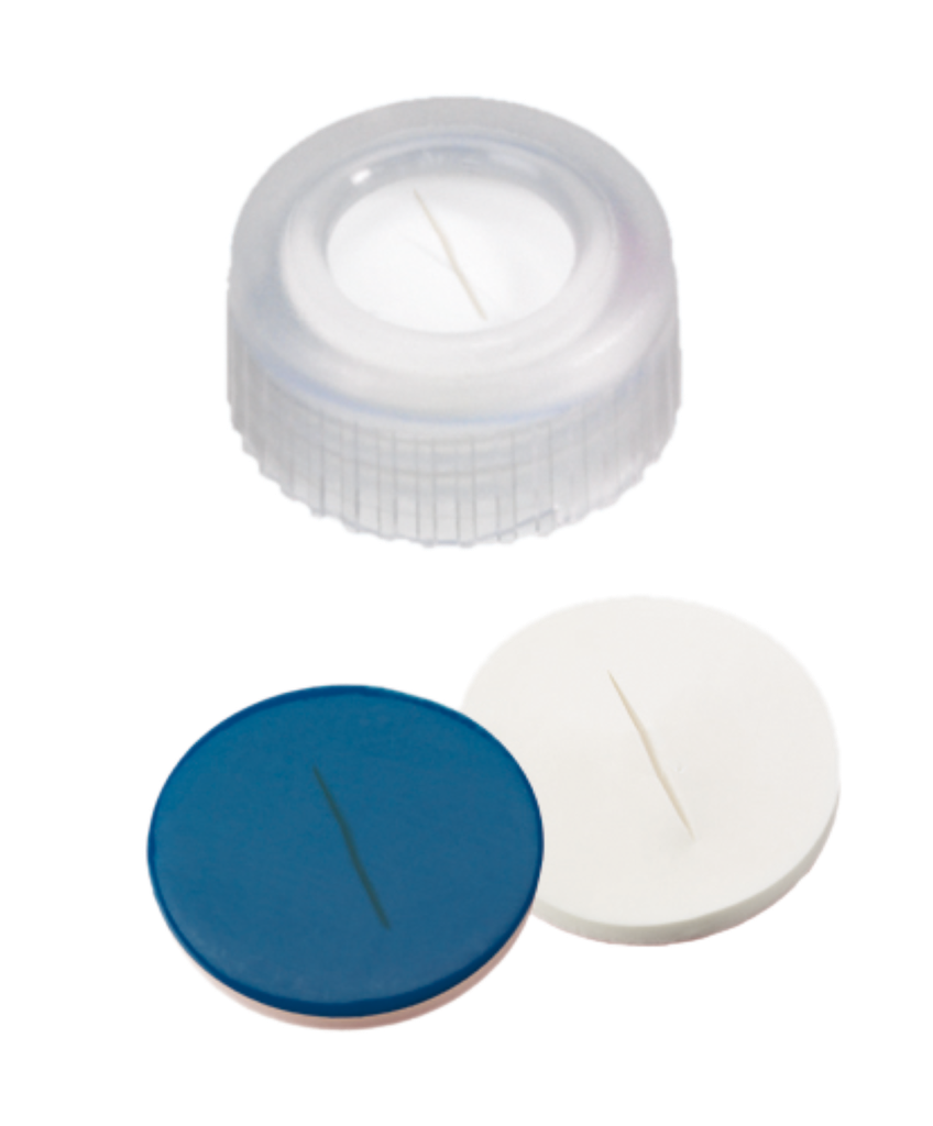 neochrom® Schraubkappe Kurzgewinde ND9, PP weiss mit Loch, Silikon weiss/PTFE bla - Art. Nr. 70698