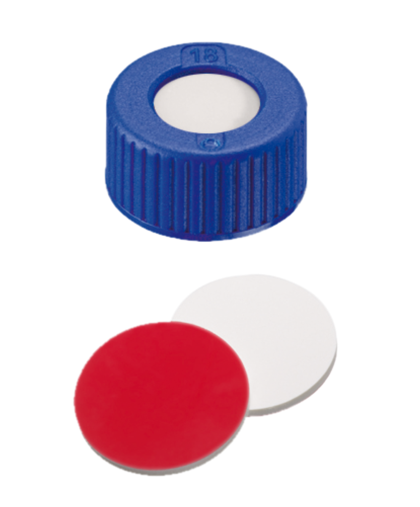 neochrom® Schraubkappe ND9 Kurzgewinde, PP blau mit Loch, Silikon weiss/PTFE rot - Art. Nr. 70695