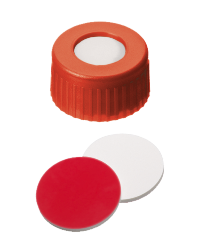 neochrom® Schraubkappe ND9 Kurzgewinde, PP rot mit Loch, Silikon weiss/PTFE rot, - Art. Nr. 70696