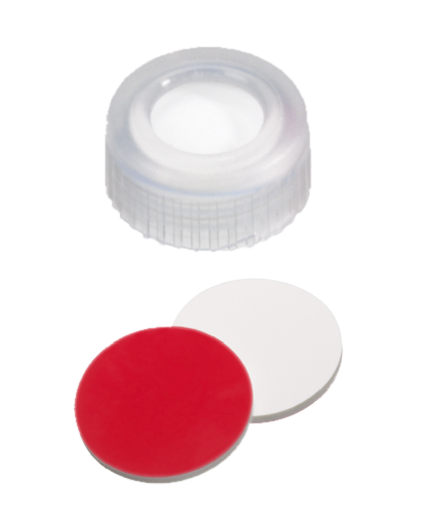 neochrom® Schraubkappe ND9 Kurzgewinde, PP weiss mit Loch, Silikon weiss/PTFE rot - Art. Nr. 70694