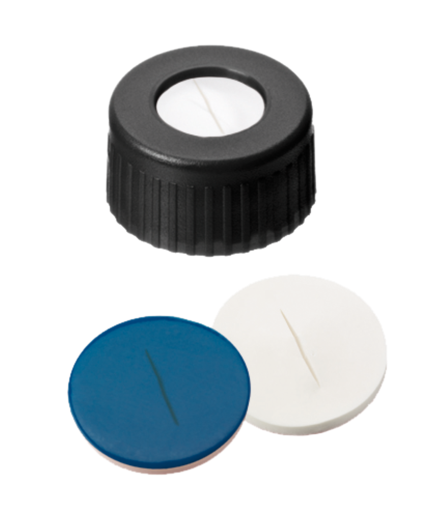 neochrom® Schraubkappe ND9 m. Loch, schwarz, Silikon weiss/PTFE blau geschlitzt, - Art. Nr. 70701