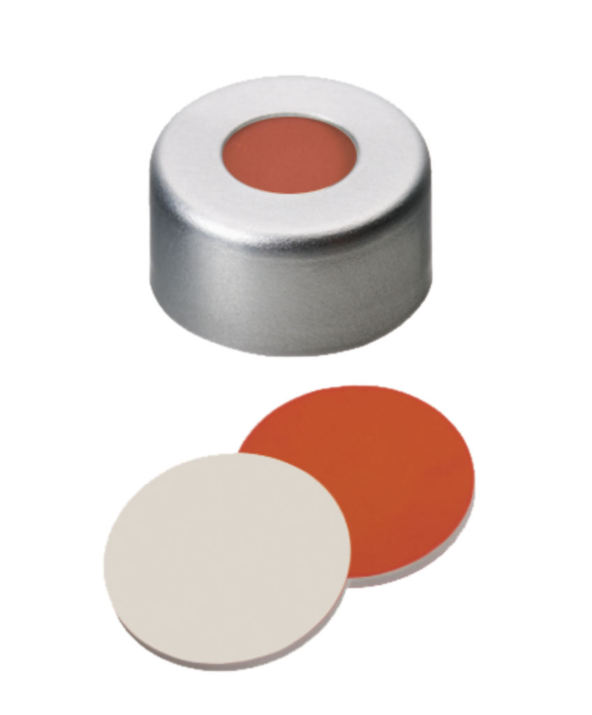 neochrom® Alu-Bördelkappen ND11 mit Loch, Septum Red Rubber/PTFE beige, 100 St. - Art. Nr. 70624