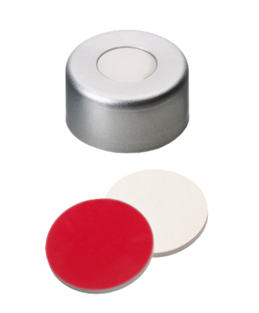 neochrom® Alu-Bördelkappen ND11 mit Loch, Septum Silikon creme/PTFE rot, 100 St - Art. Nr. 70643