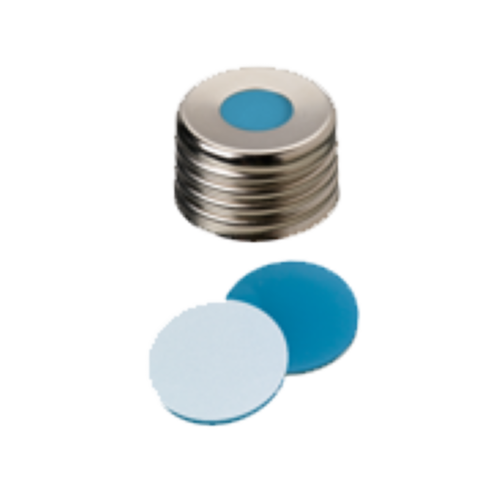 neochrom® Schraubkappe magnetisch ND18 silber, 8mm Loch, Silikon blau/PTFE weiss - Art. Nr. 70845