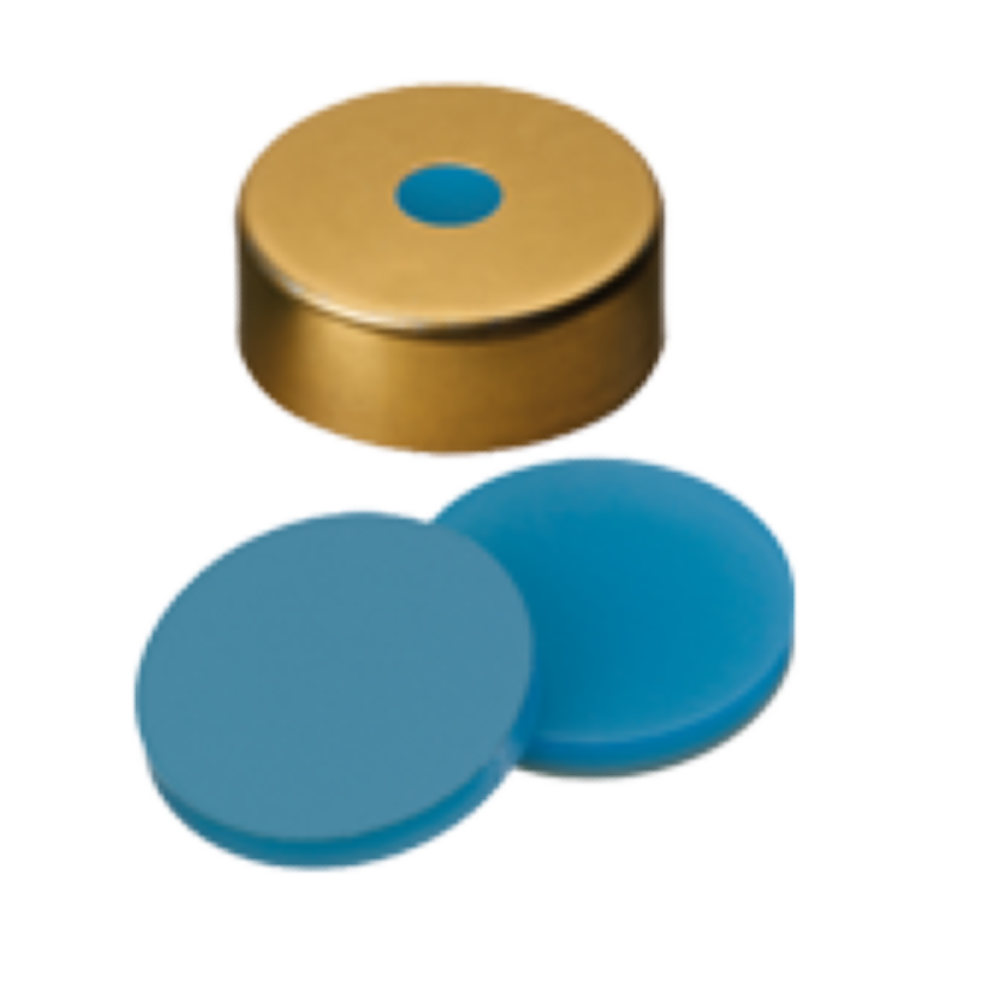 neochrom® Magnet. Bördelkappe ND20, gold mit Loch, Silikon blau/PTFE transp., - Art. Nr. 70827