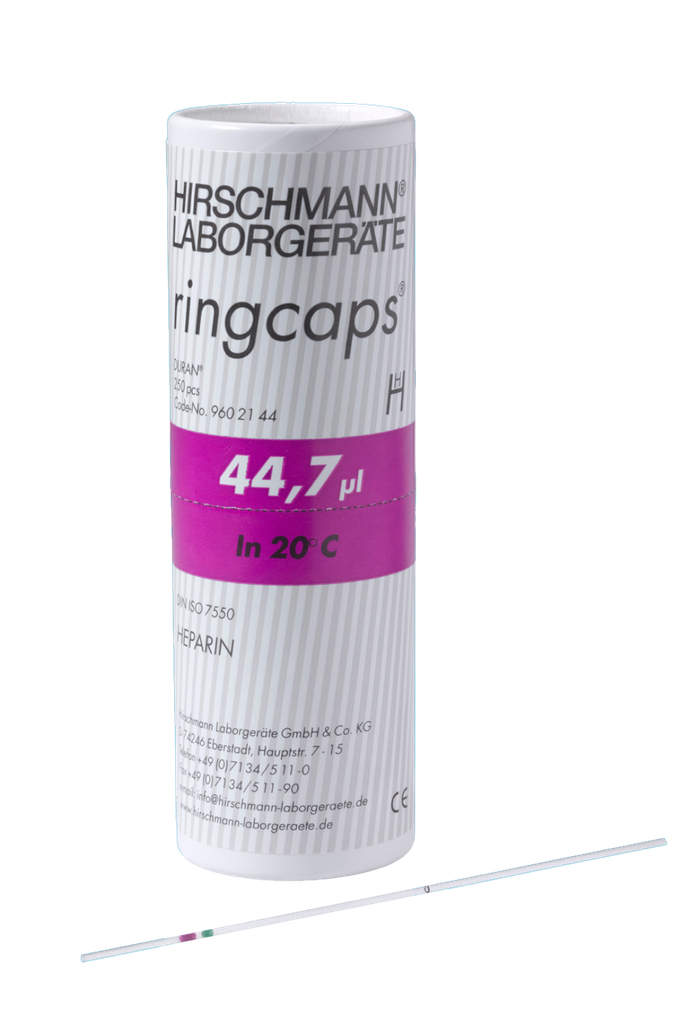 Einmal-Kapillarpipetten m. Ringmarke bei 44,7 µl NA-hep, 250 Stck./Pack - Art. Nr. 17306