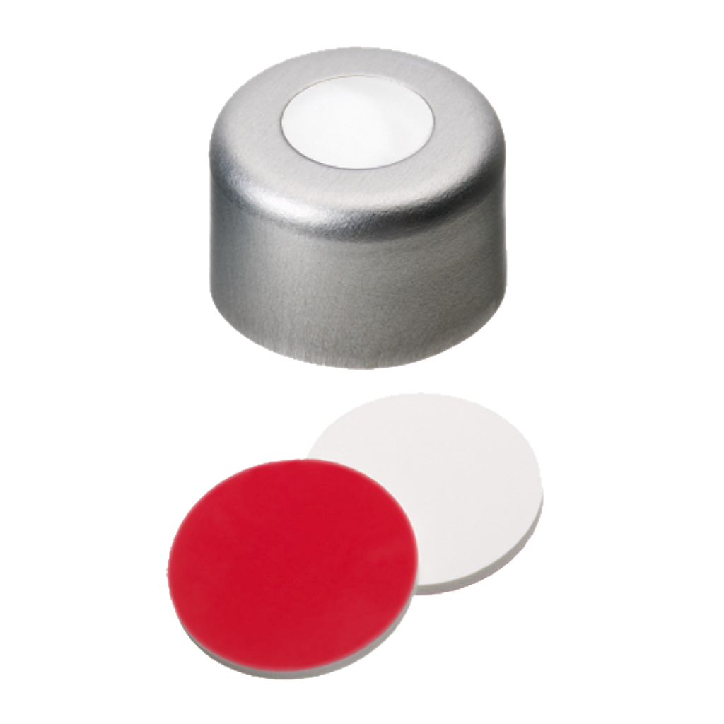 neochrom® Alu-Bördelverschluss ND8 farblos mit Loch, Silikon weiss/PTFE rot,100 - Art. Nr. 70612