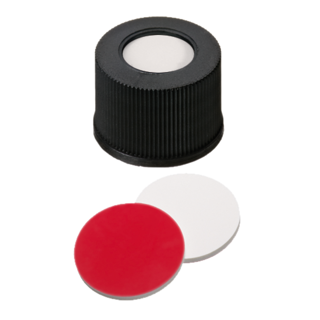 neochrom® 10mm Verschluss: PP Schraubkappe, schwarz, mit Loch, Silicon weiss/PTF - Art. Nr. 70729