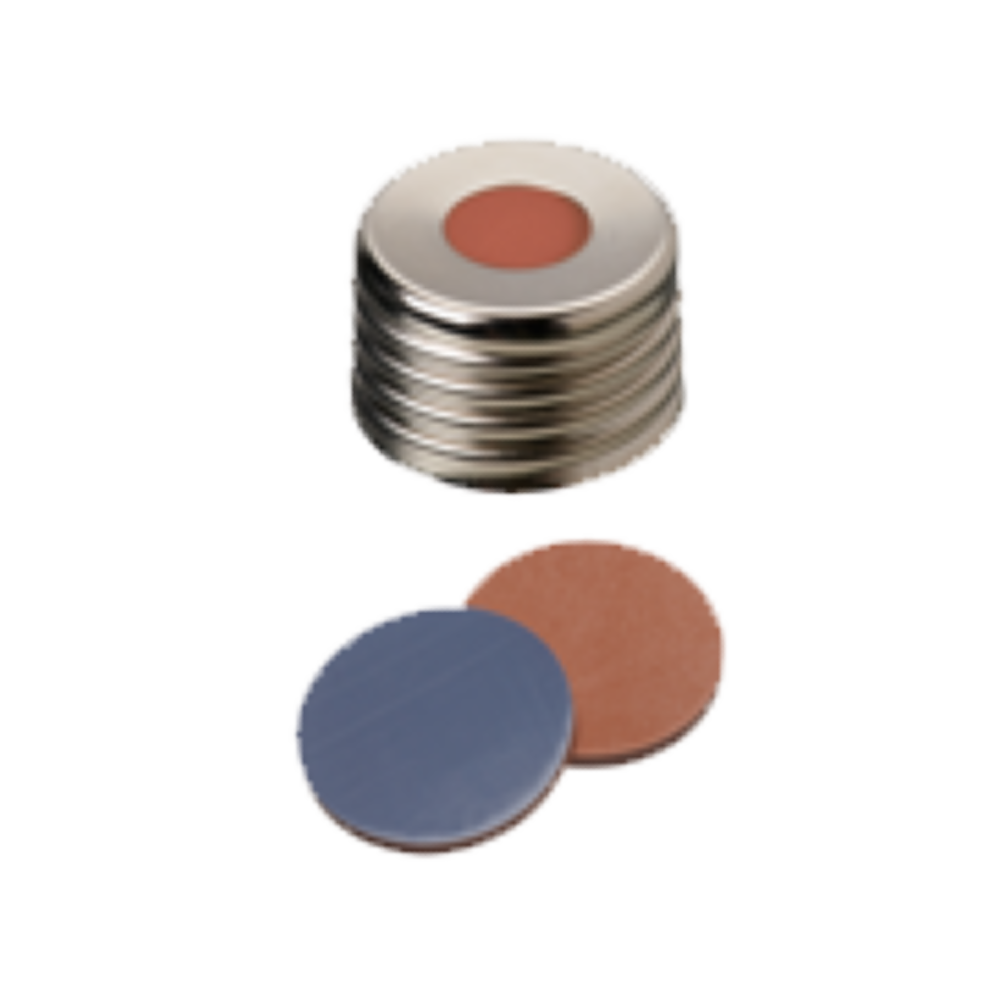 neochrom® Schraubkappe magnetisch ND18 silber, 8mm Loch, Butyl rot/PTFE grau ( - Art. Nr. 70849