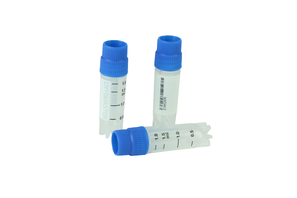 Cryomaster® Kryoröhrchen mit Aussengewinde, 2.0 ml, Standring, 1D-Barcode, blau - Art. Nr. 46103