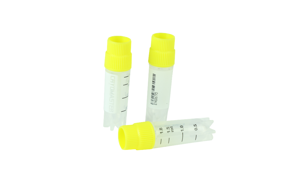 Cryomaster® Kryoröhrchen mit Aussengewinde, 2.0 ml, Standring, 1D-Barcode, gelb - Art. Nr. 46104