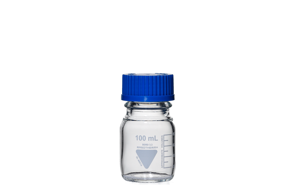 Laborflaschen, RASOTHERM® (Boro 3.3), GL45, blaue Schraubkappe, 100 ml - Art. Nr. 10195
