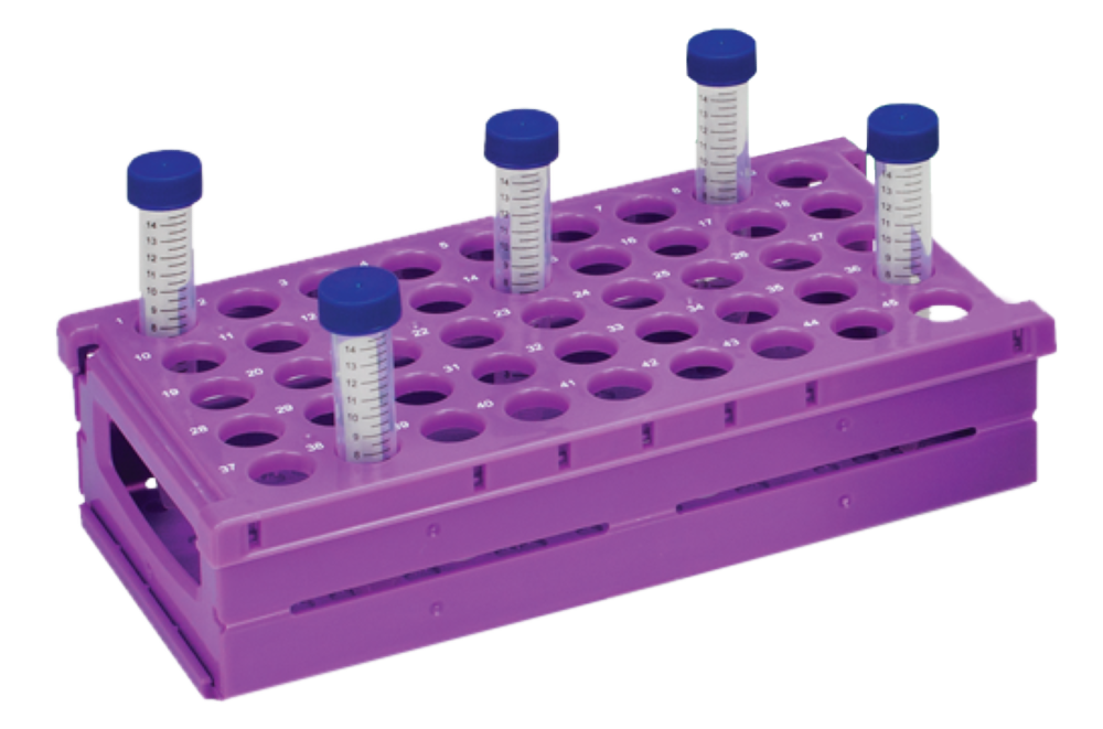 Moonlab® Rack f. Zentrifugenröhrchen, faltbar, 15 ml: 45 Plätze (9x5), lila, PP - Art. Nr. 40062