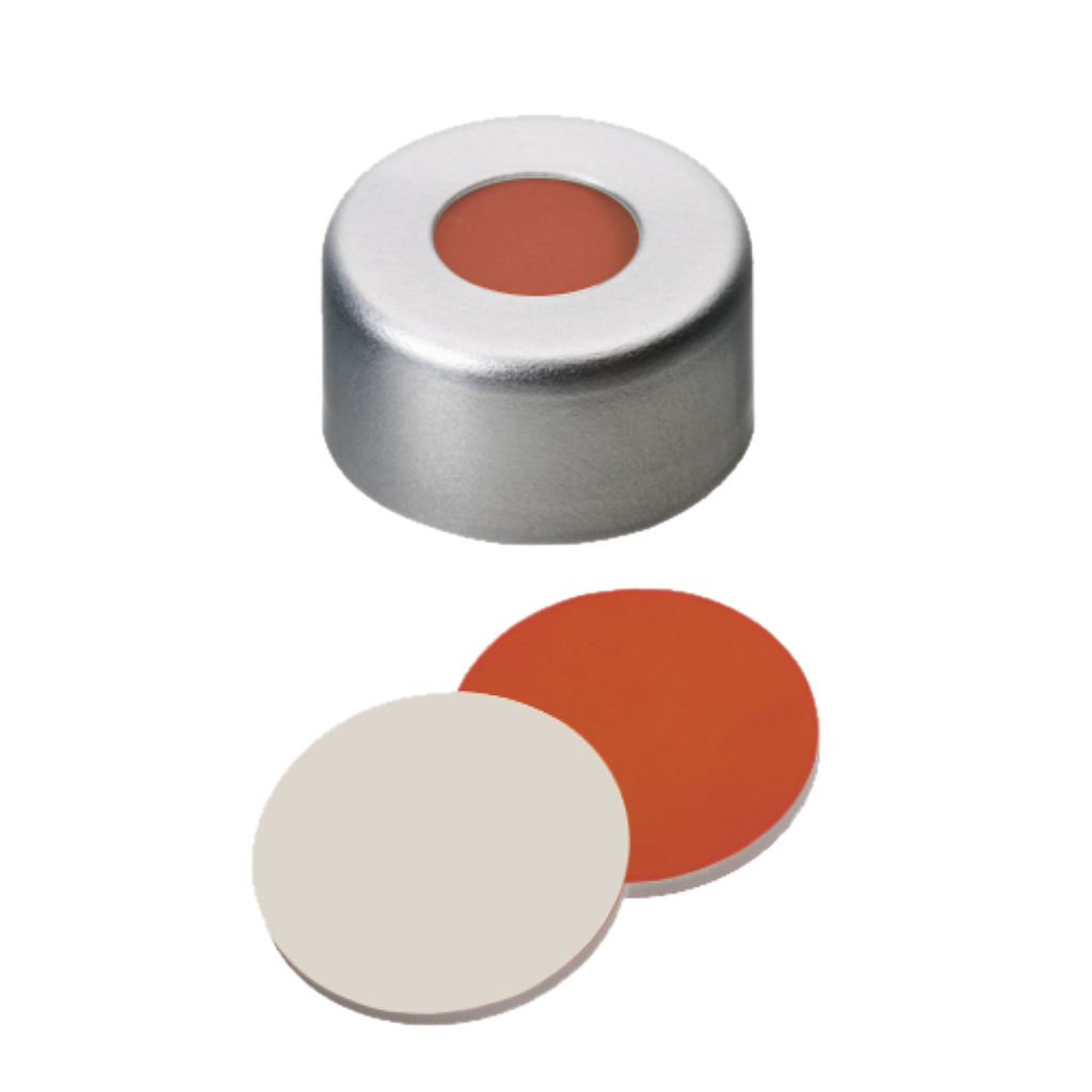 neochrom® Alu-Bördelkappen ND11 mit Loch, Septum Red Rubber/PTFE beige, 100 St. - Art. Nr. 70624