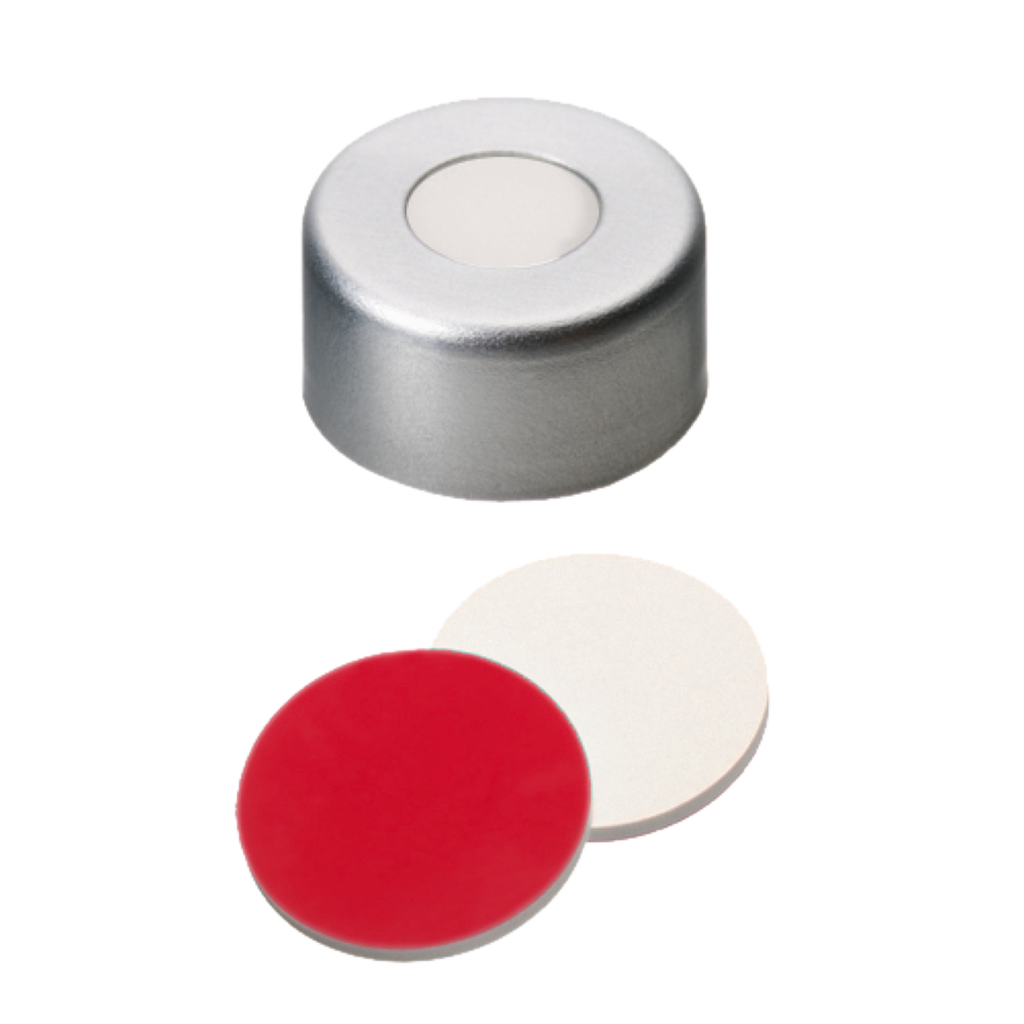 neochrom® Alu-Bördelkappen ND11 mit Loch, Septum Silikon creme/PTFE rot, 100 St - Art. Nr. 70643