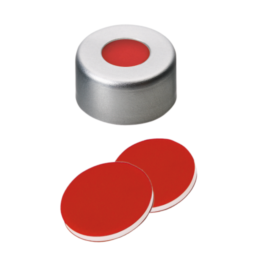 neochrom® Alu-Bördelkappen ND11 mit Loch, Septum PTFE rot/Silikon/PTFE rot, 100 - Art. Nr. 70644