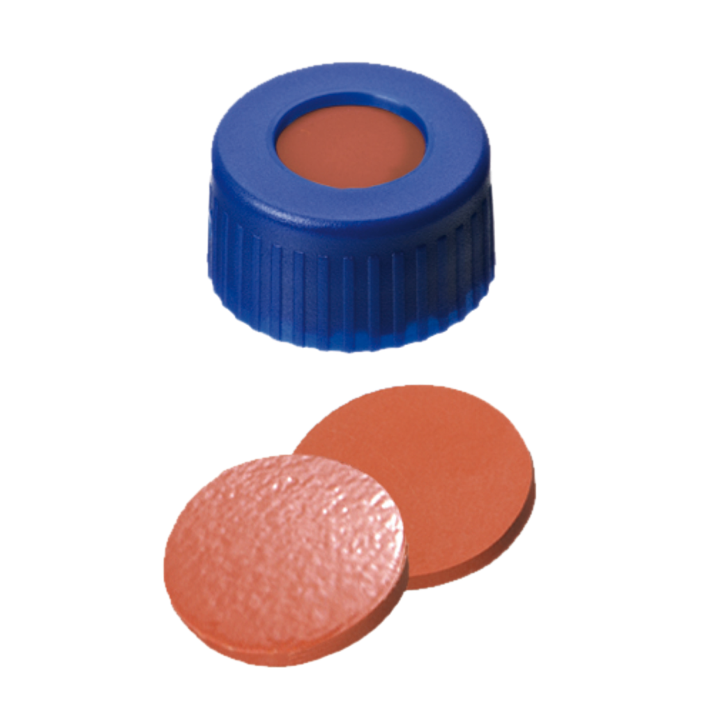 neochrom® Kurzgewinde-Schraubkappe ND9, PP blau mit Loch, Kautschuk rot-or./TEF - Art. Nr. 70690