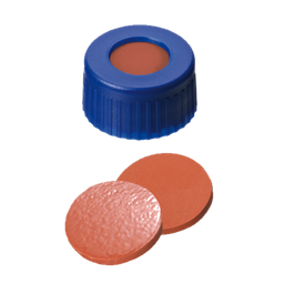 [70690] neochrom® Kurzgewinde-Schraubkappe ND9, PP blau mit Loch, Kautschuk rot-or./TEF - Art. Nr. 70690