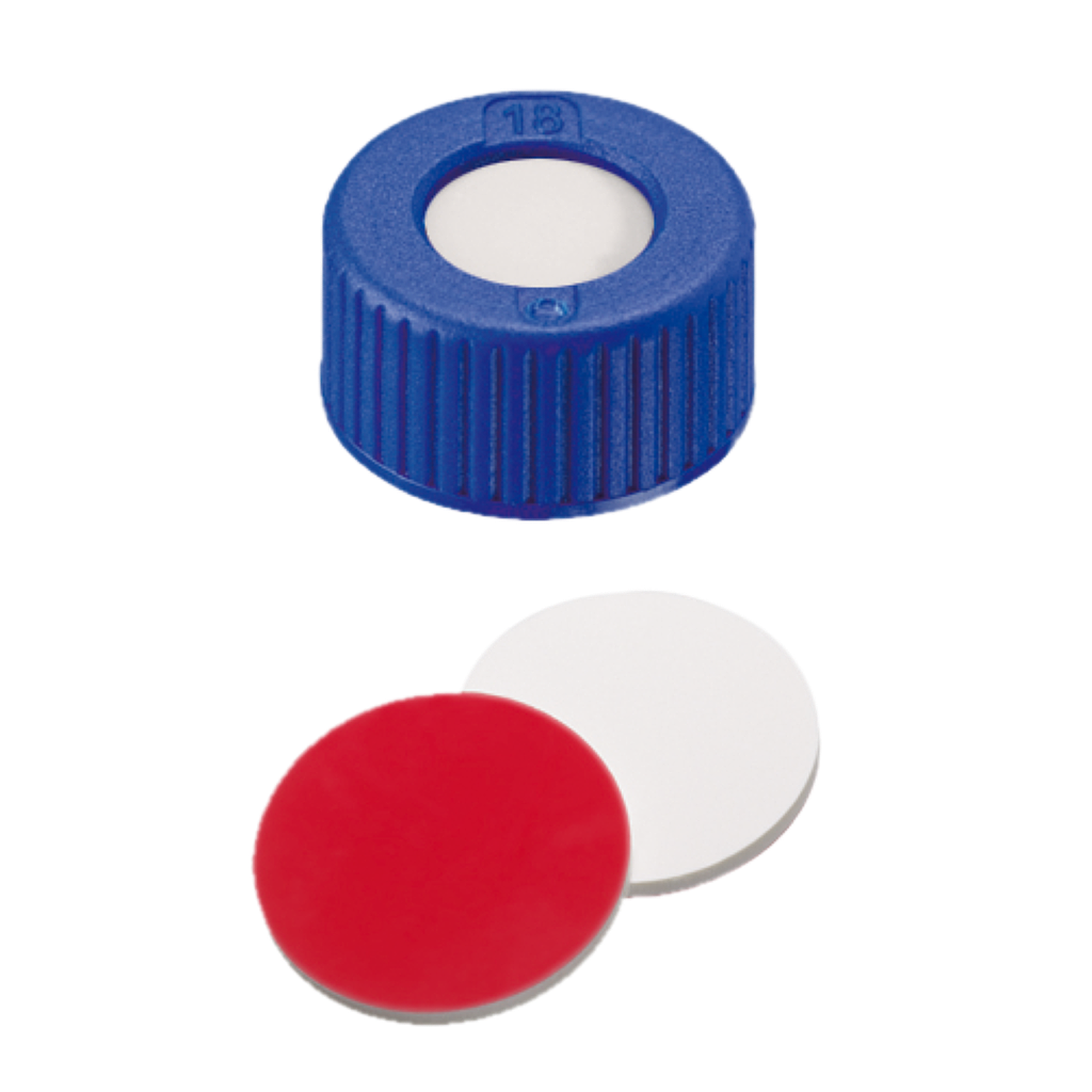 neochrom® Schraubkappe ND9 Kurzgewinde, PP blau mit Loch, Silikon weiss/PTFE rot - Art. Nr. 70695