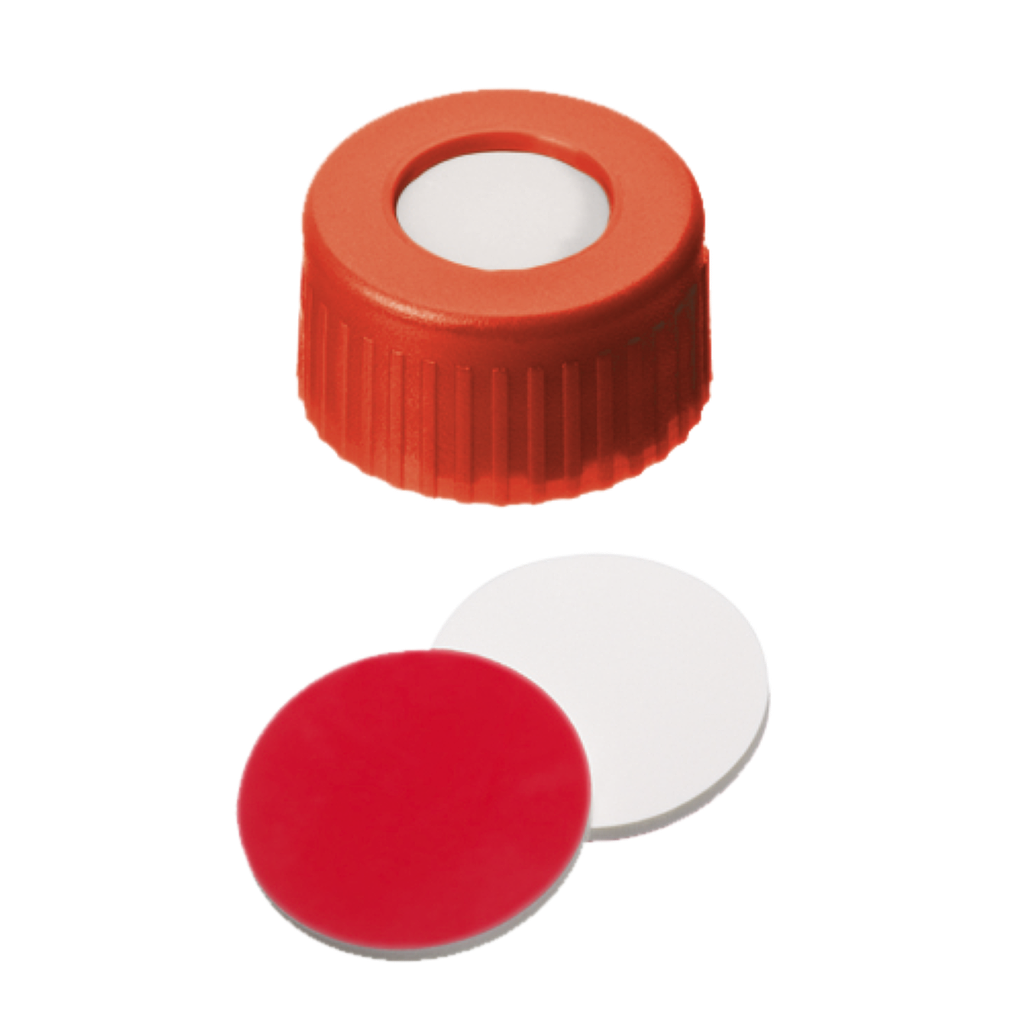 neochrom® Schraubkappe ND9 Kurzgewinde, PP rot mit Loch, Silikon weiss/PTFE rot, - Art. Nr. 70696