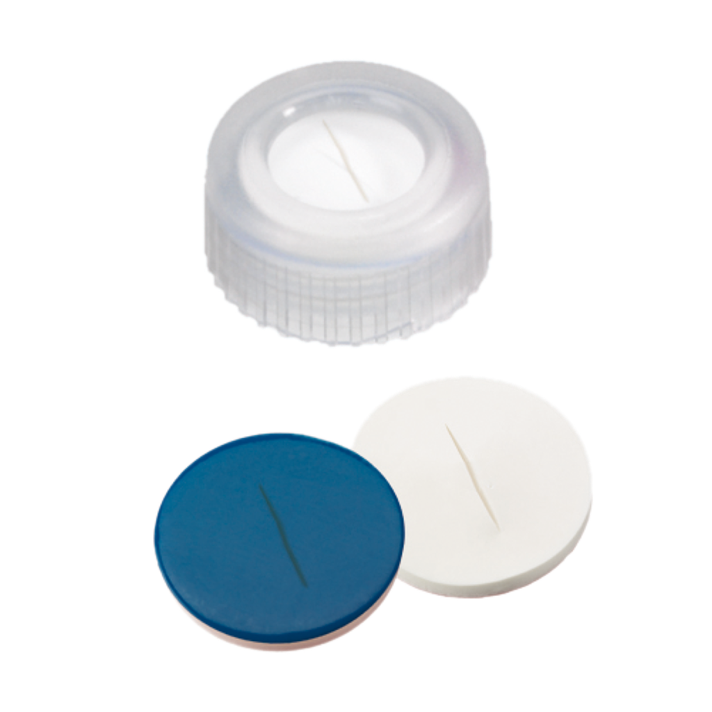 neochrom® Schraubkappe Kurzgewinde ND9, PP weiss mit Loch, Silikon weiss/PTFE bla - Art. Nr. 70698