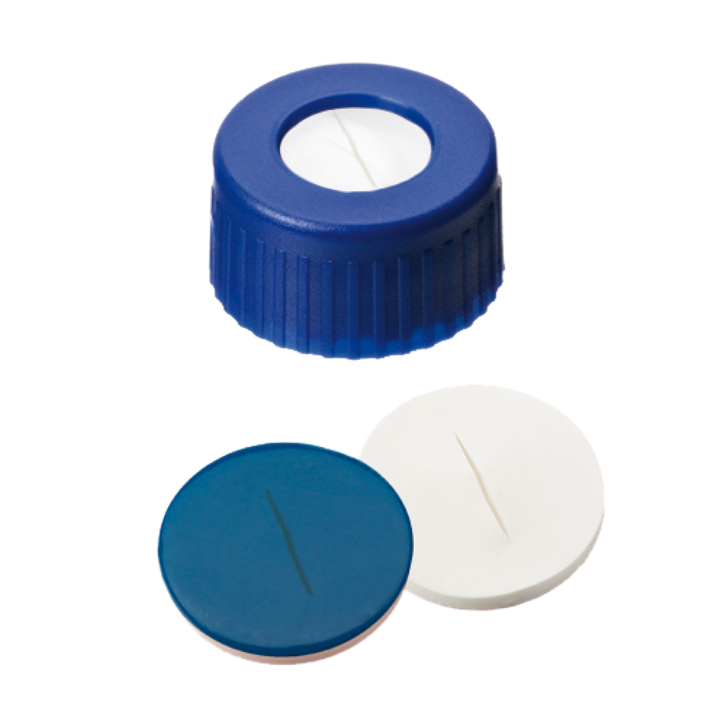 neochrom® Schraubkappe Kurzgewinde ND9, PP blau mit Loch, Silikon weiss/PTFE bla - Art. Nr. 70699