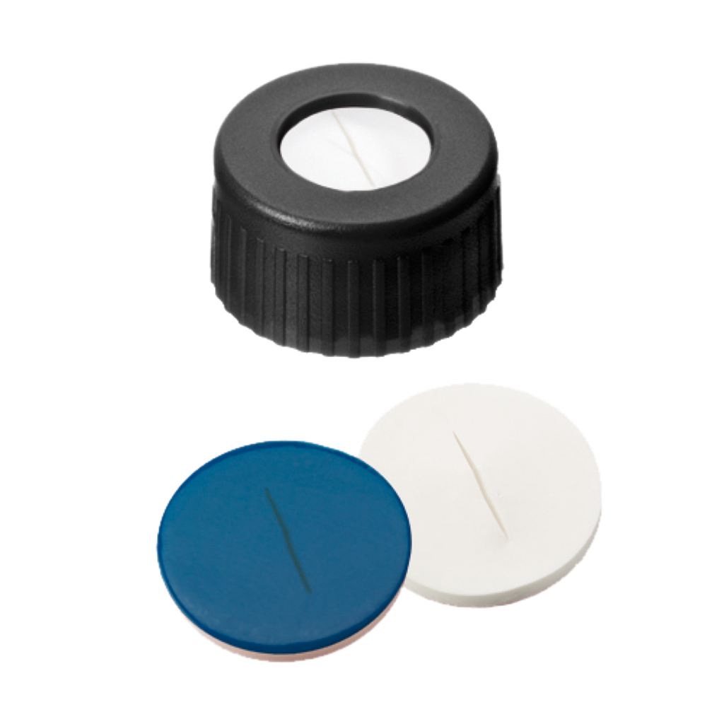 neochrom® Schraubkappe ND9 m. Loch, schwarz, Silikon weiss/PTFE blau geschlitzt, - Art. Nr. 70701