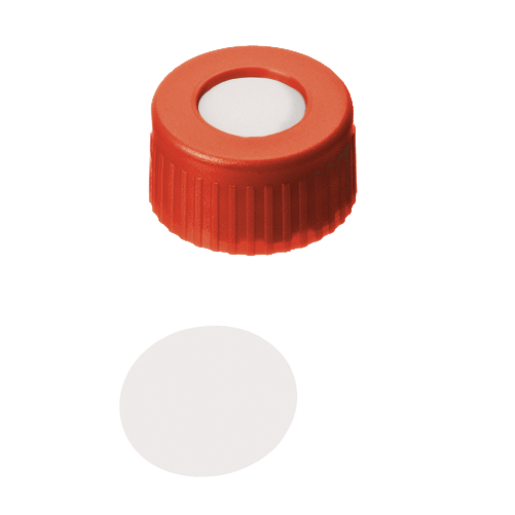 neochrom® Schraubkappe Kurzgewinde ND9, PP rot mit Loch, PTFE virginal, 100 St - Art. Nr. 70708