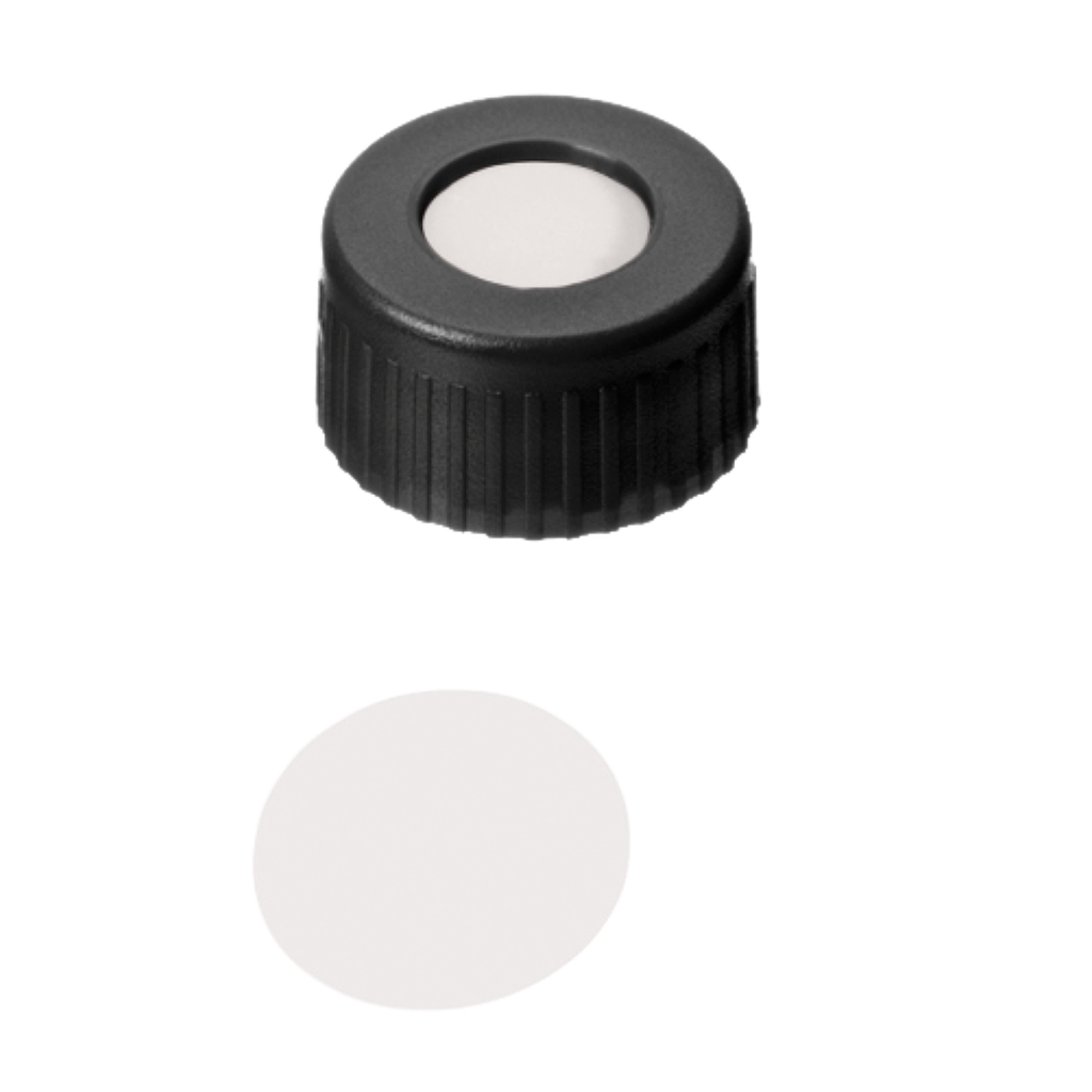 neochrom® Schraubkappe Kurzgewinde ND9, PP schwarz mit Loch, PTFE virginal, 100 - Art. Nr. 70709