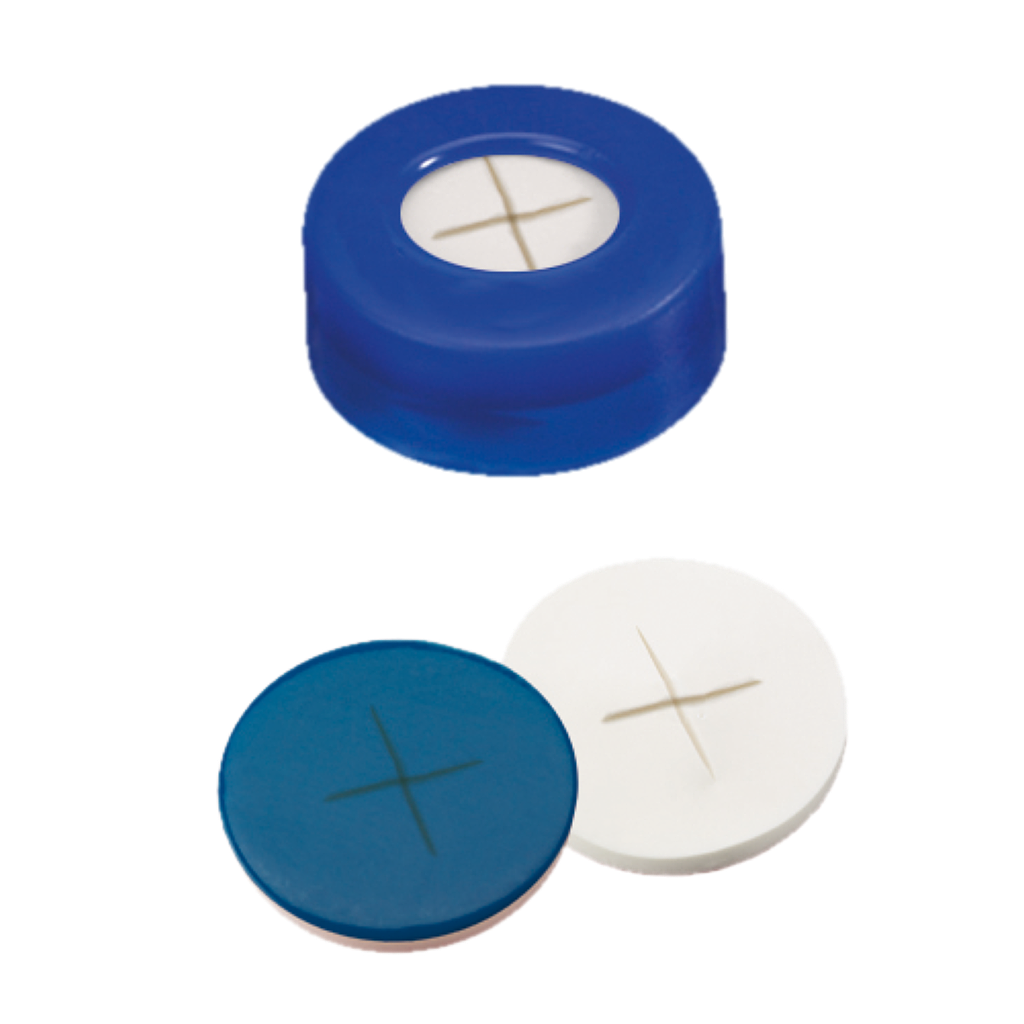 neochrom® PE-Schnappringkappen ND11 blau, Septum Silikon weiss/PTFE blau, kreuz - Art. Nr. 70759