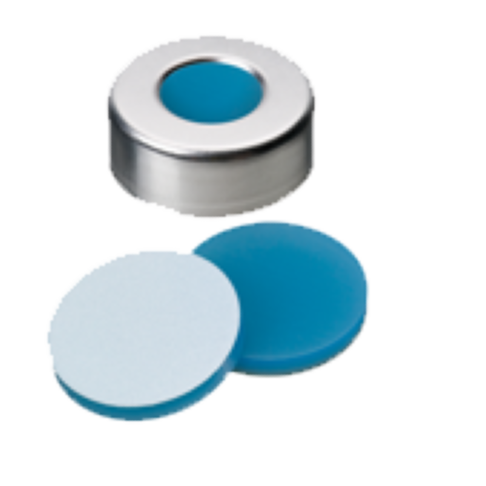 neochrom® Alu-Bördelkappe ND20 walzblank, Loch 10 mm, Silikon blau transp./PTFE - Art. Nr. 70825