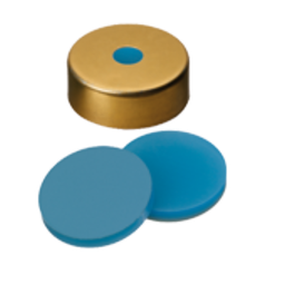 [70827] neochrom® Magnet. Bördelkappe ND20, gold mit Loch, Silikon blau/PTFE transp., - Art. Nr. 70827