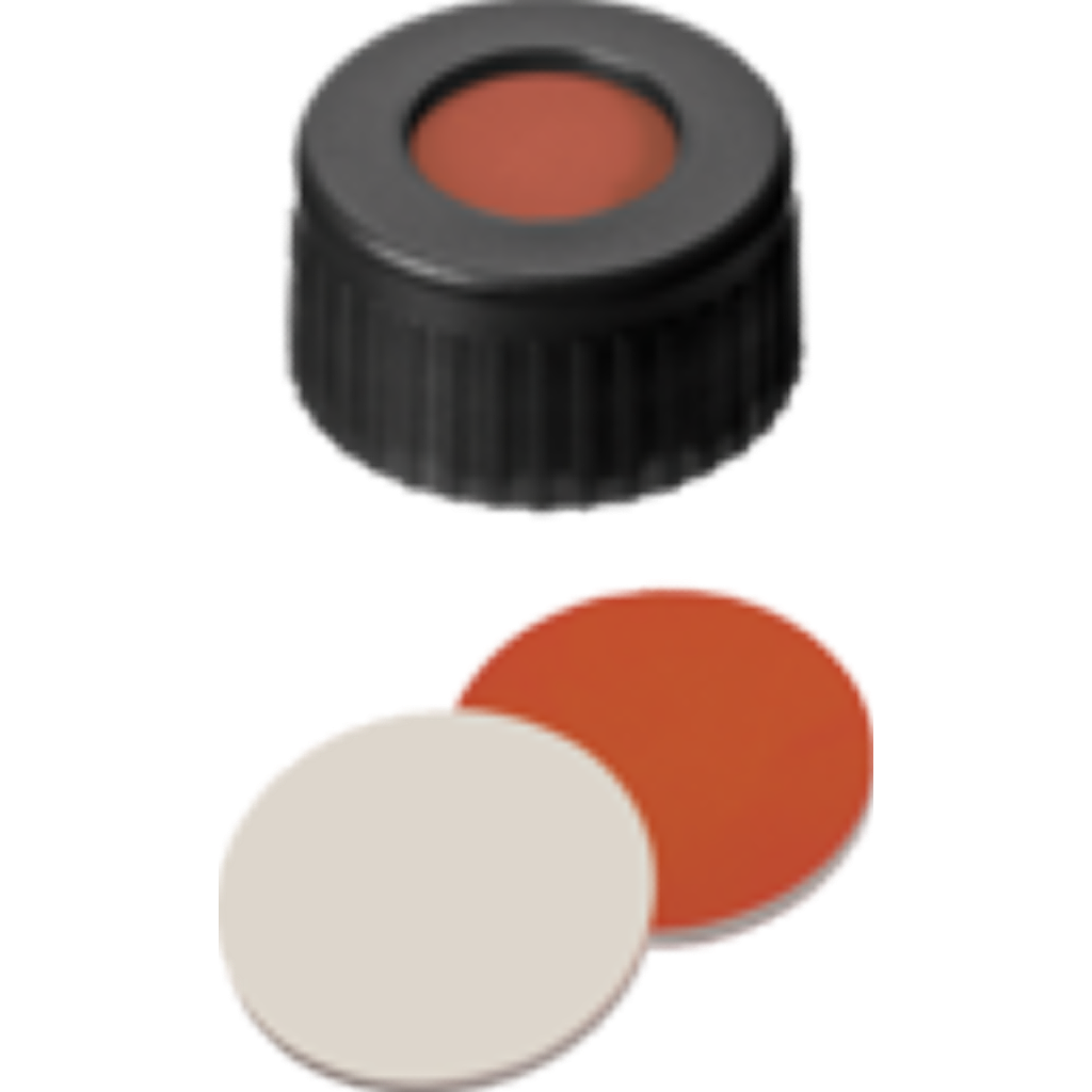 neochrom® Schraubkappe ND9 m. Loch, schwarz, Septum Red Rubber/PTFE beige, 100 - Art. Nr. EC1306